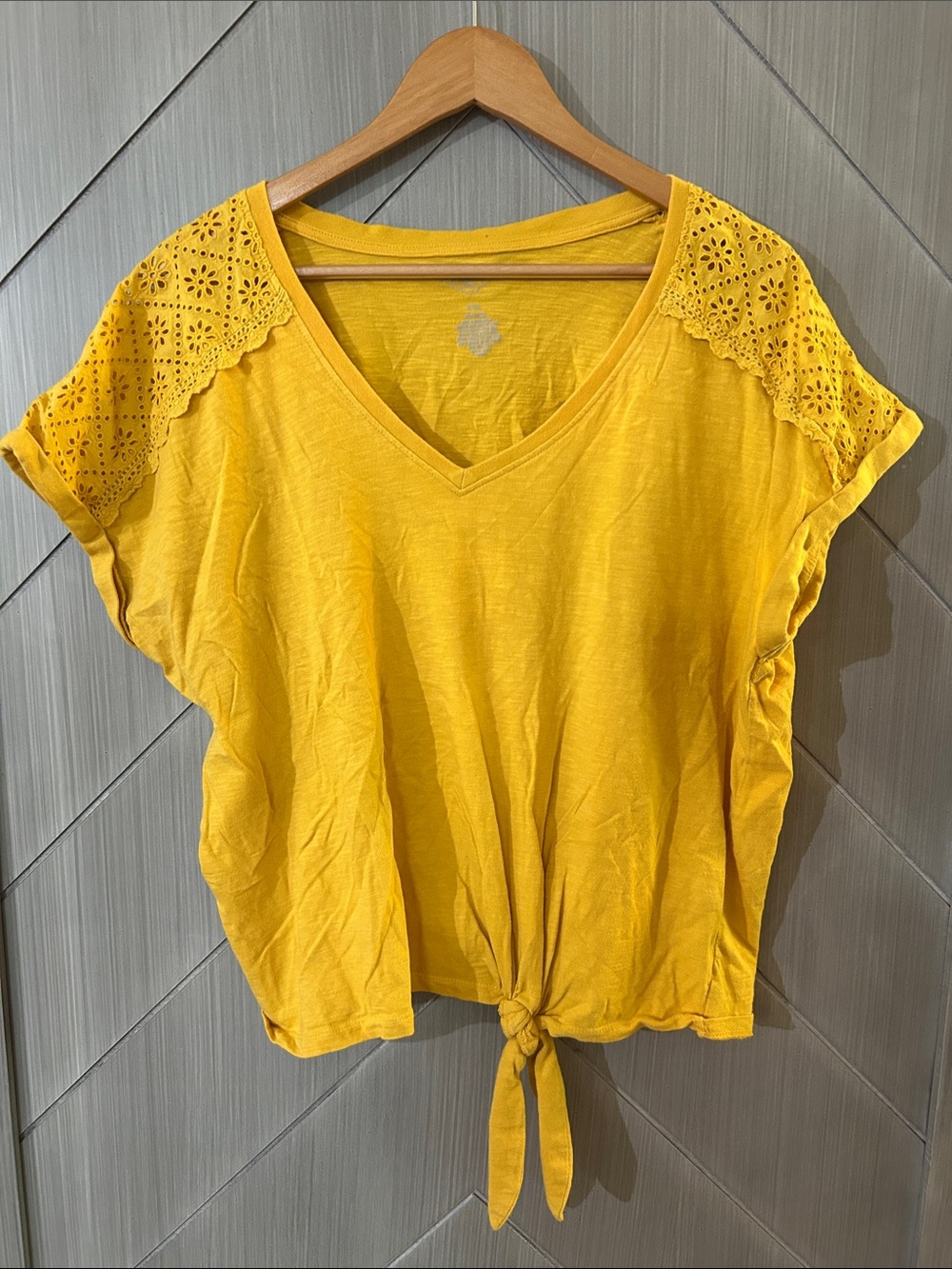 St. John's Bay Gold/Yellow V-Neck Tie-Front Top with Eyelet Shoulders